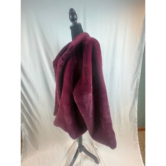 Burgundy Faux Fur Teddy Coat Oversized Notched Lapel Open Front Jacket Wine Red - Picture 7 of 13